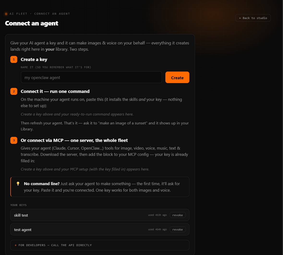 AI Fleet Studio Connect an agent page. Create a key, run one command, or connect over MCP, with a list of existing keys.