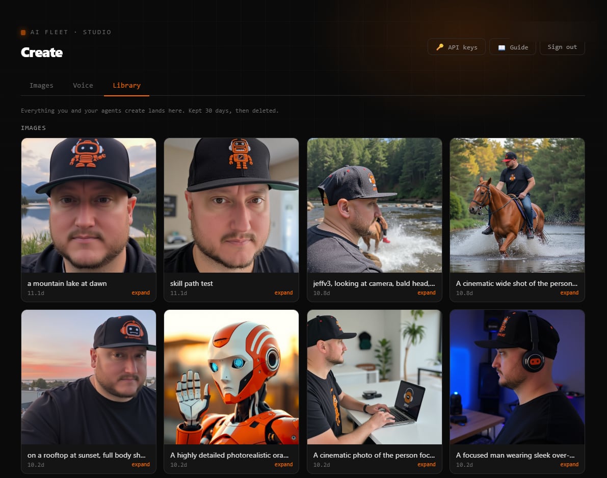 AI Fleet Studio Library - a grid of images generated on the fleet by the team and their agents