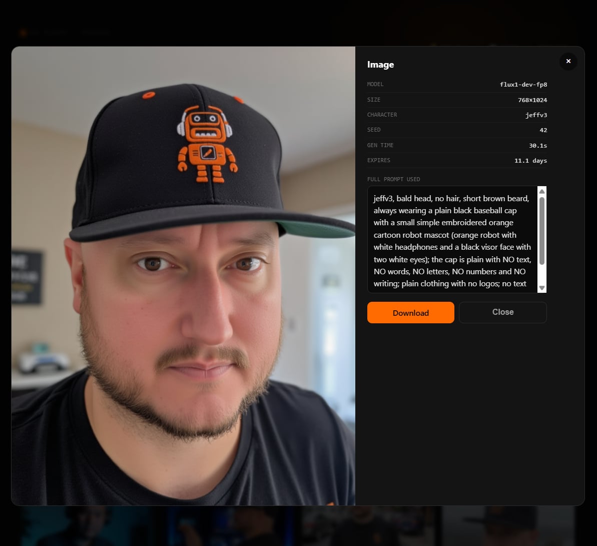 AI Fleet Studio image detail - a photorealistic portrait generated with FLUX, showing model, seed and full prompt