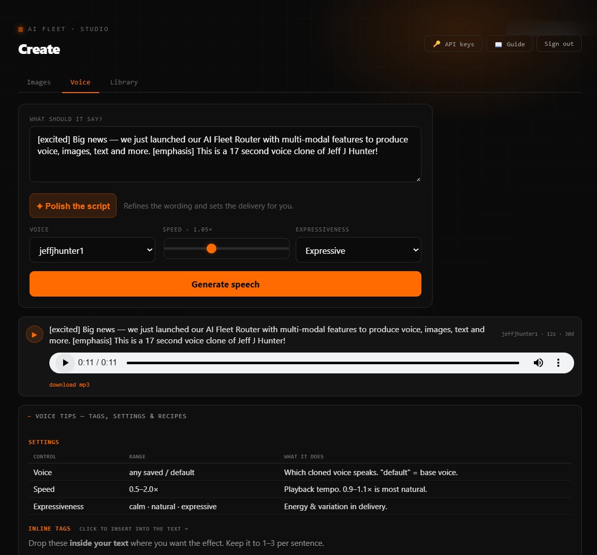 AI Fleet Studio Voice tab. A script with inline tags, the jeffjhunter1 cloned voice, speed and expressiveness controls, and the generated clip with an MP3 download.